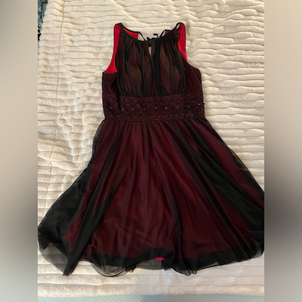 Red and black beaded chiffon dress, suitable for prom, size 12. Worn once.